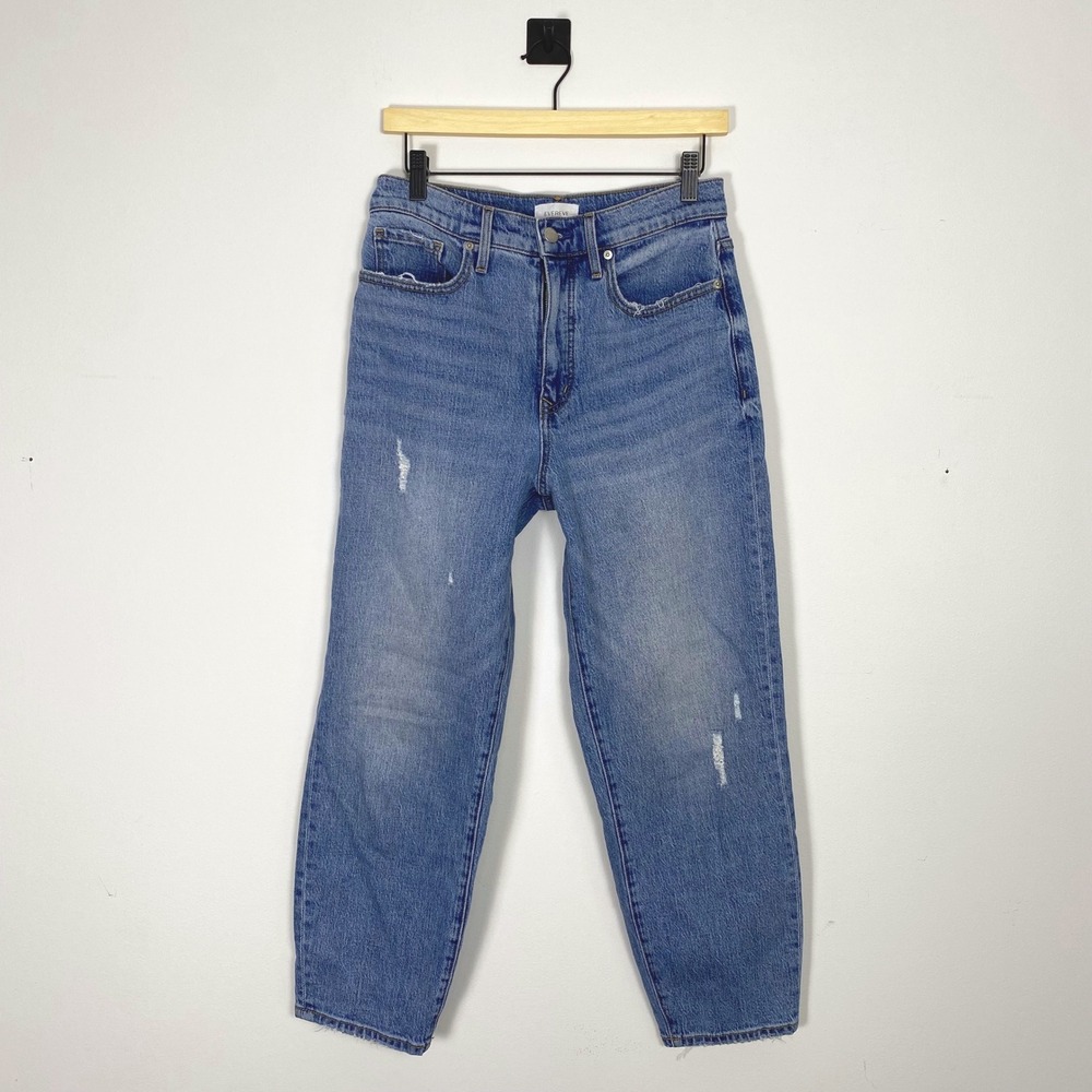 Evereve High Rise Distressed Straight Leg Jeans Size 28 Blue Cotton Blend